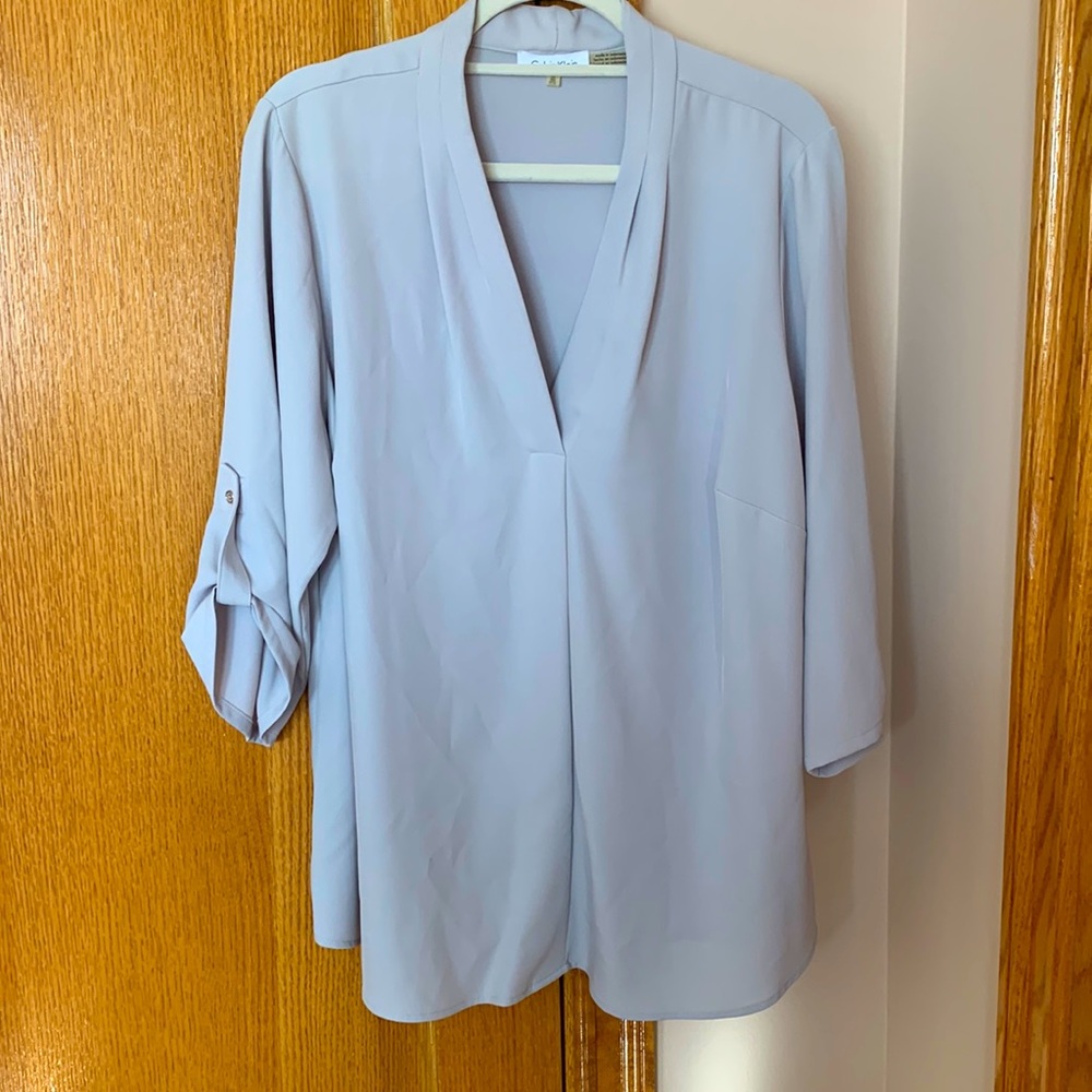 Calvin Klein light grey blouse with three quarter adjustable sleeves